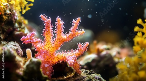 Delicate Sea Flower Coral Polyps with Vibrant Colors in Ocean Ecosystem : Generative AI photo