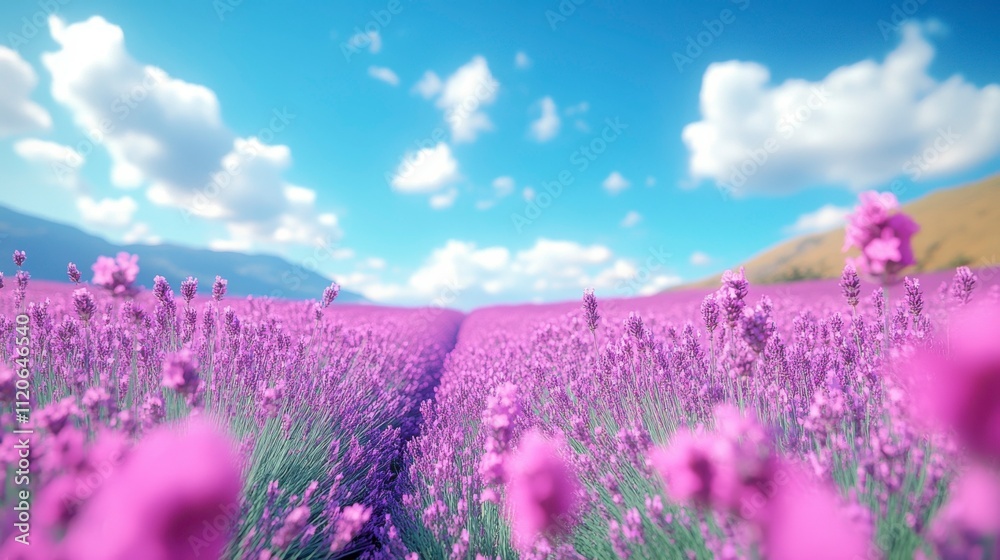 Fototapeta premium Scenic lavender field stretching into the horizon under a golden sunset sky creating a tranquil and picturesque natural background