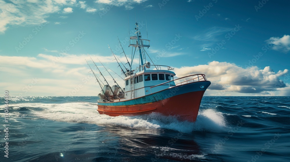 A photo of a modern fishing boat with advanced equipment A photo of a modern fishing boat with advanced equipment
