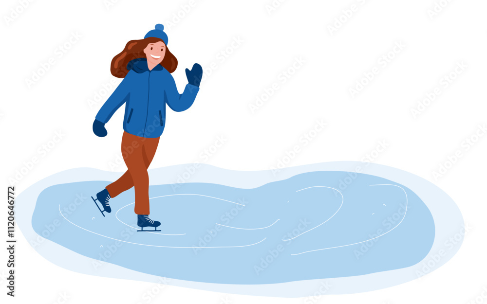 Winter vector with a happy warmly dressed girl ice skating on a frozen pond Winter vector with a happy warmly dressed girl ice skating on a frozen pond