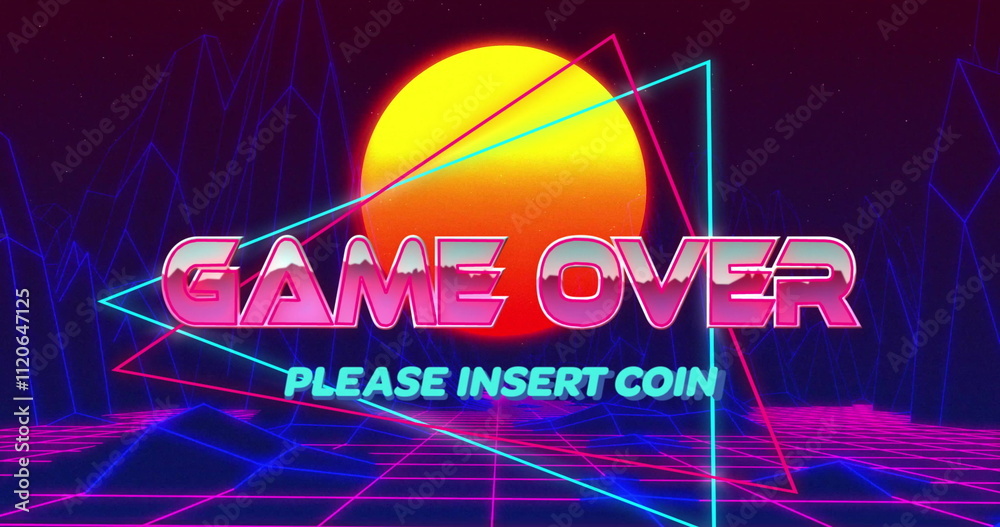 Obraz premium Game Over text and please insert coin over retro neon grid and sunset image