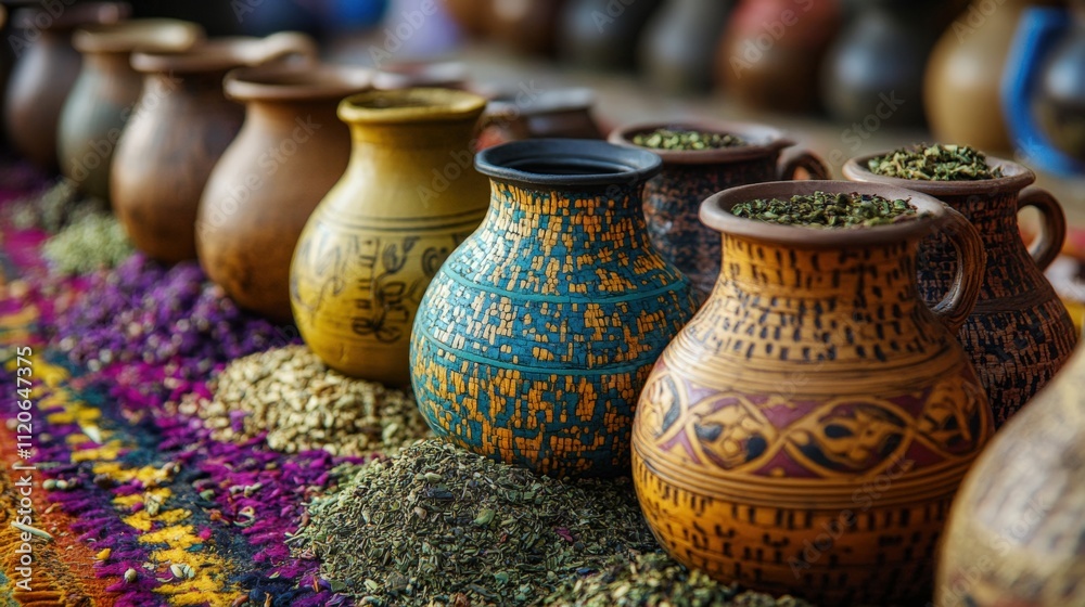Colorful Clay Pots Displayed with Spices Colorful Clay Pots Displayed with Spices