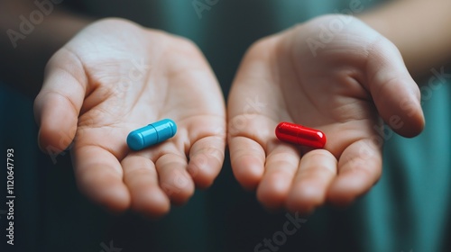 Hands holding blue and red capsules symbolizing choice or decision-making