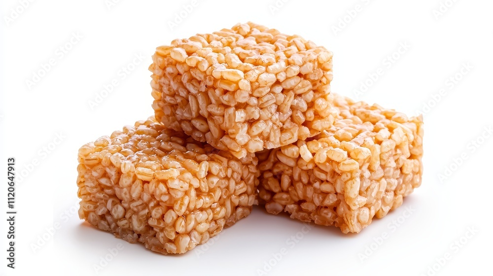 A stack of golden-brown rice treats, glowing under soft light, isolated on white, showcasing crunch and sweetness in fine detail A stack of golden-brown rice treats, glowing under soft light, isolated on white, showcasing crunch and sweetness in fine detail