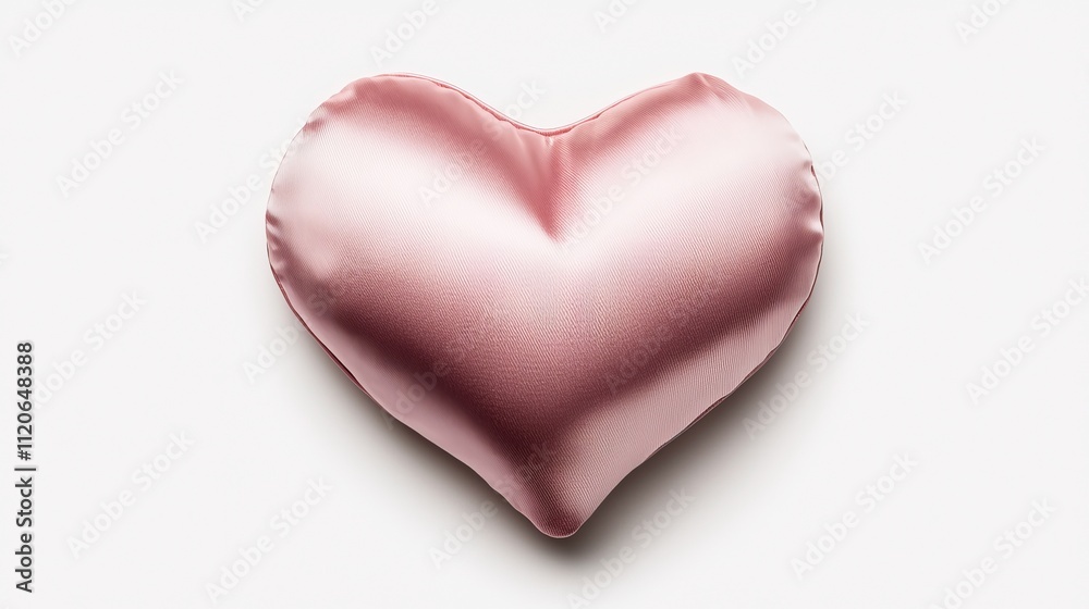 A luxurious heart-shaped pink throw pillow, silky to the touch, standing out against a stark white background, perfect for elegant home settings A luxurious heart-shaped pink throw pillow, silky to the touch, standing out against a stark white background, perfect for elegant home settings