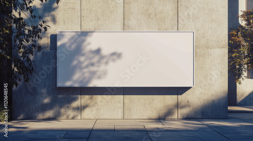 Blank white outdoor billboard on concrete wall with tree shadows photo