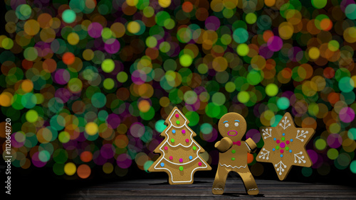 Dancing gingerbread man next to gingerbread cookies in tree and star shape on wooden table. 3D Illustration