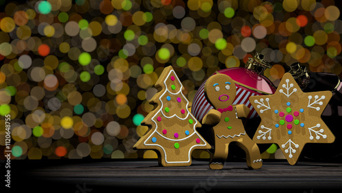 Dancing gingerbread man next to gingerbread cookies in tree and star shape on wooden table. 3D Illustration