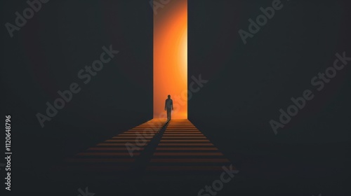 Silhouette of a Person Walking Towards a Glowing Light