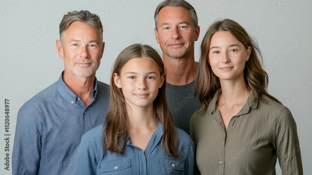 Obraz premium Caucasian family portrait with two mature men and two young females smiling