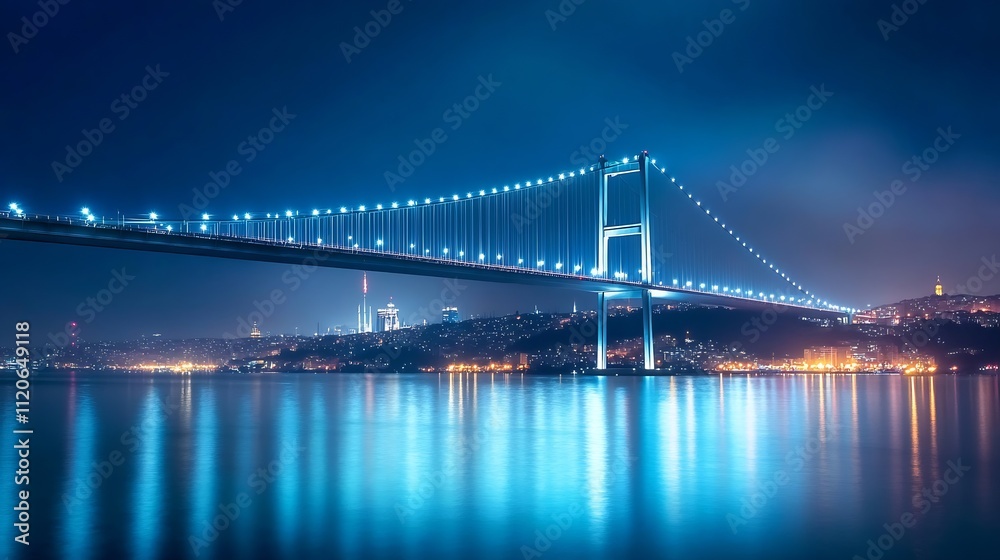 Majestic Nighttime Illumination of Iconic Suspension Bridge Over City Bay : Generative AI Majestic Nighttime Illumination of Iconic Suspension Bridge Over City Bay : Generative AI