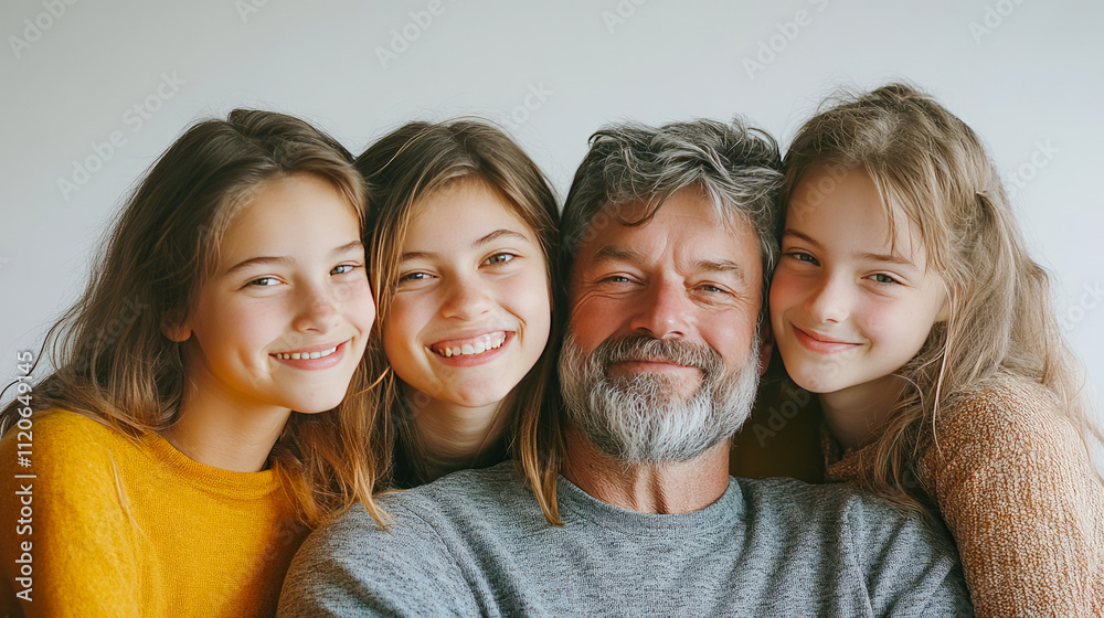 Happy elderly caucasian male with three young female relatives smiling together Happy elderly caucasian male with three young female relatives smiling together