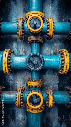 Industrial Valve Mechanism with Yellow and Blue Pipes