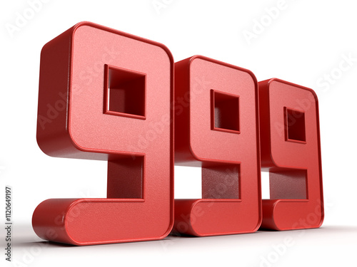 Isolated Three Dimensional Alphabet 999 or Nine Hundred and Ninety Nine in Red Color on White Background, 3D Render Illustration.