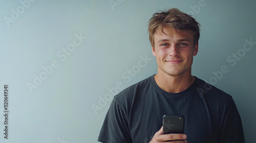 Caucasian young adult male smiling with smartphone against blue background