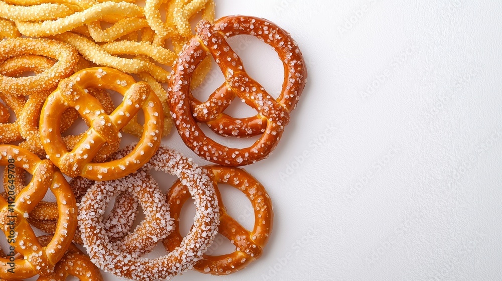 Fototapeta premium Variety of salted pretzels close-up, crisp texture, light salt granules, clean white backdrop, casual snack theme