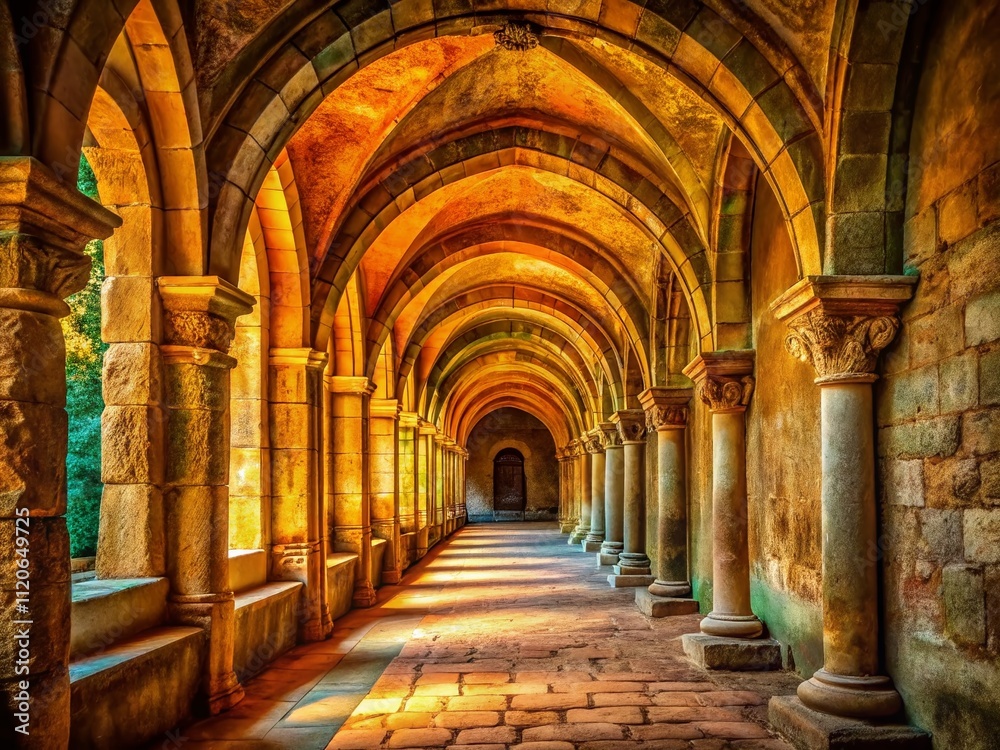 Obraz premium Ancient stone hallway adorned with arches and columns, showcasing captivating documentary photography of historic architecture and heritage sites, evoking a timeless and mysterious atmosphere.