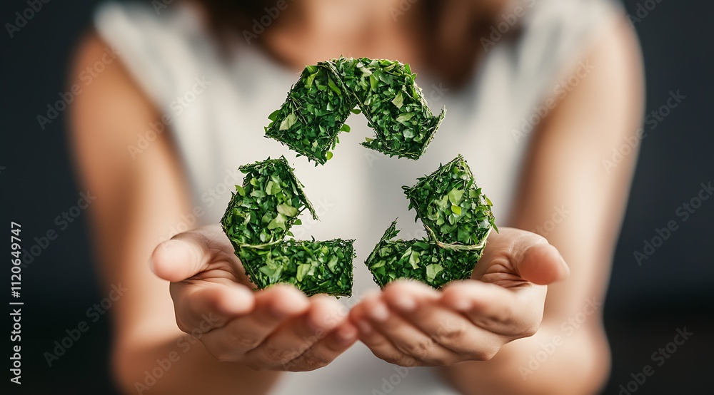 Sustainable Recycling Symbol with Green Grass in Hands for EcoFriendly Environment : Generative AI Sustainable Recycling Symbol with Green Grass in Hands for EcoFriendly Environment : Generative AI