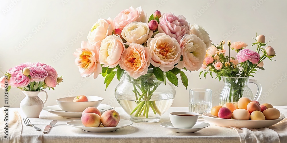 An elegant dining table adorned with blooming peonies and a selection of fresh fruits creates a stunning centerpiece, perfect for gatherings and celebrations. An elegant dining table adorned with blooming peonies and a selection of fresh fruits creates a stunning centerpiece, perfect for gatherings and celebrations.