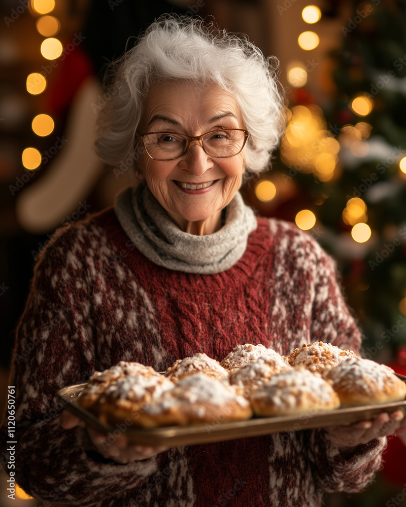 Naklejka premium Elderly woman holding a tray of Christmas bread for her family