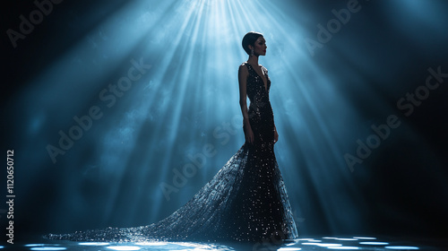 A beauty pageant contestant gracefully walking in a stunning evening gown, with a spotlight highlighting her elegance and poise 