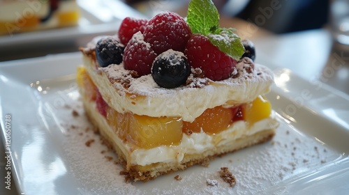 Decadent Fruit Tart with Raspberries Blueberries and Mint on a Fine Porcelain Plate : Generative AI photo