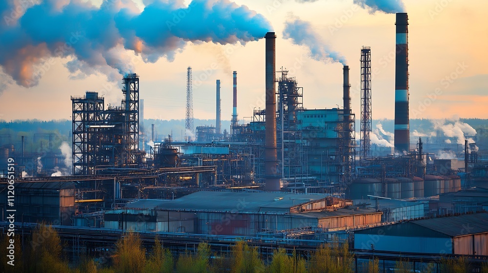 Industrial Refinery with Smokestacks Emitting Vapor at Sunrise : Generative AI Industrial Refinery with Smokestacks Emitting Vapor at Sunrise : Generative AI