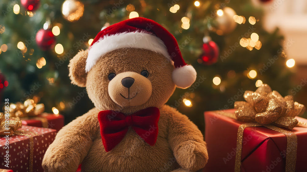 Festive teddy bear with santa hat and gifts under christmas tree Festive teddy bear with santa hat and gifts under christmas tree