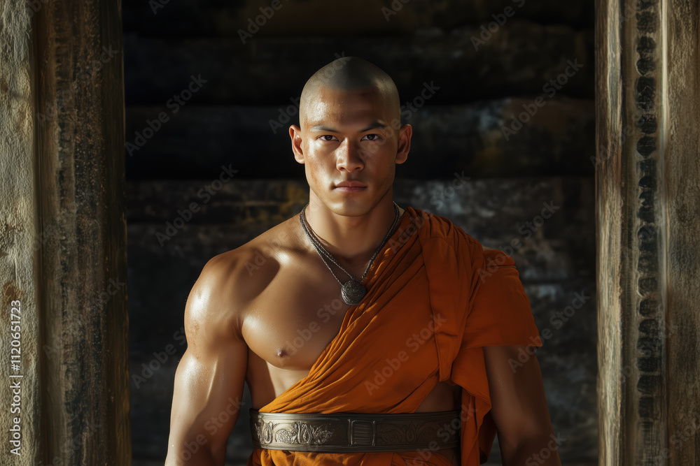 Fototapeta premium Powerful portrait of a Thai monk in traditional orange robe with intense expression and dramatic lighting