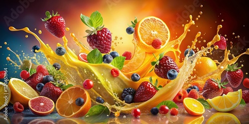 An eye-catching juice splash artwork showcasing vibrant citrus colors, fresh fruits, and refreshing liquid motion, blending artistic drink photography with abstract expressions of flavor.