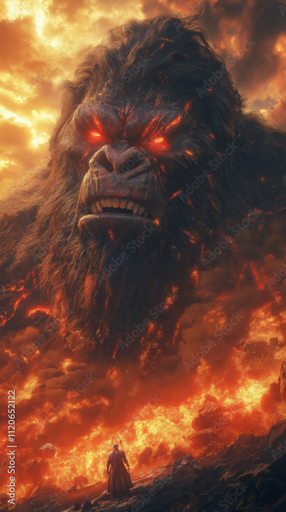 Demon King with Gorilla Head and Burning Chains in Lava Landscape Demon King with Gorilla Head and Burning Chains in Lava Landscape