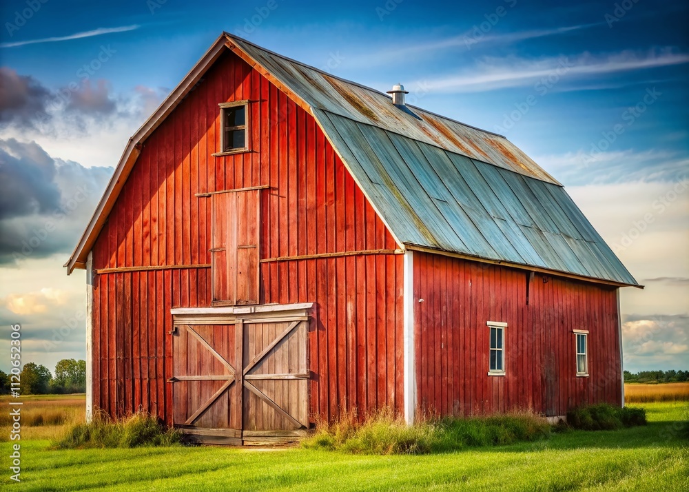 Obraz premium An isolated red barn, weathered and adorned with a metal roof, contrasts against a pristine white background, beautifully depicted in panoramic photography showcasing countryside allure.