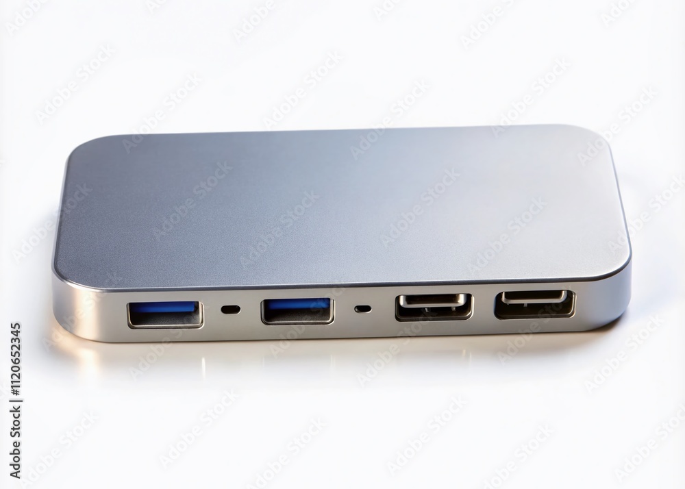 An isolated USB-C docking station with a white backdrop and vacant ports, designed for tech accessories, providing an essential solution for office environments. An isolated USB-C docking station with a white backdrop and vacant ports, designed for tech accessories, providing an essential solution for office environments.