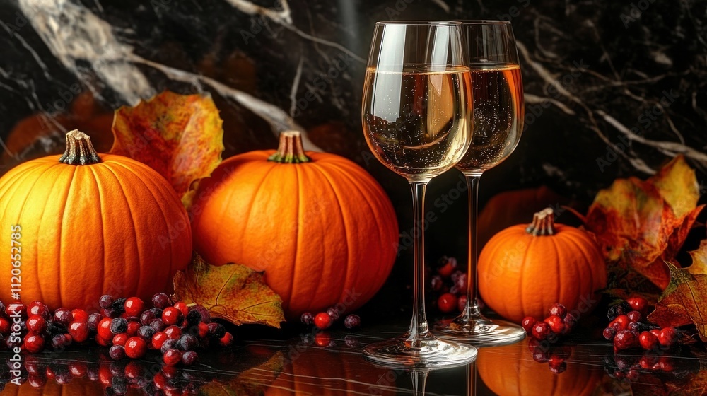 Hyper-realistic Autumn Still Life with Pumpkin Flowers and Sparkling Wine Hyper-realistic Autumn Still Life with Pumpkin Flowers and Sparkling Wine