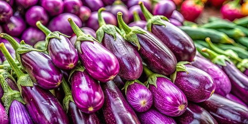 Fresh purple eggplants on display at a farmer's market , vegetables, produce, purple, organic, healthy, market, agriculture