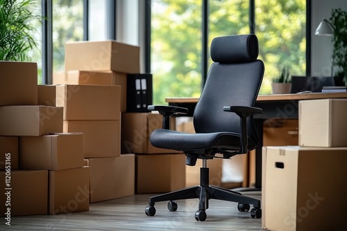 Office chair and stacks of cardboard boxes in empty office room for relocation and moving concept