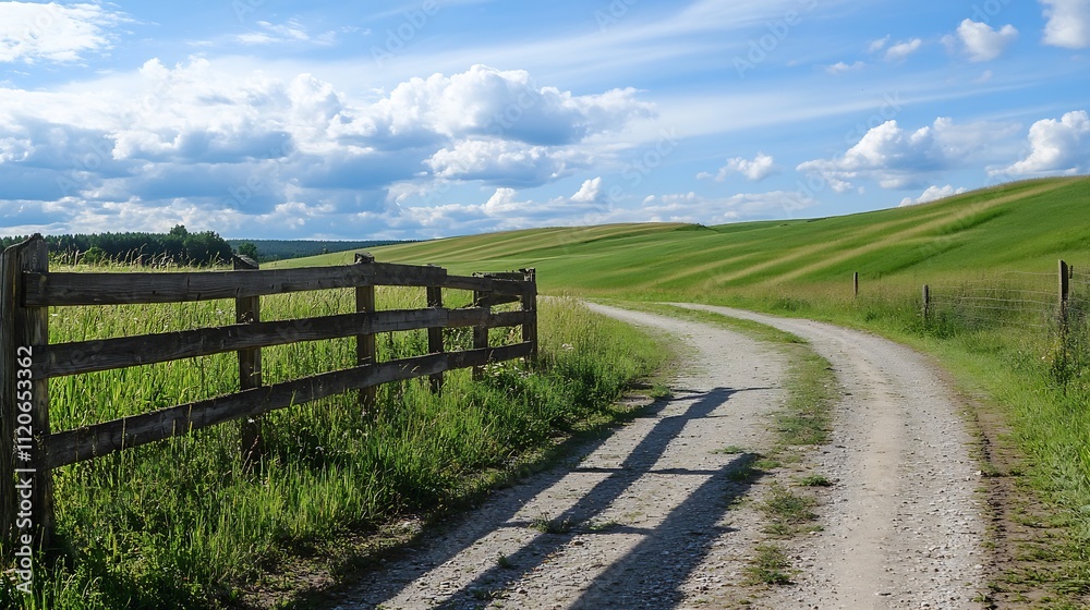 Rural Dirt Road Winding Through Lush Green Fields Under a Sunny Blue Sky with Wooden Fence : Generative AI Rural Dirt Road Winding Through Lush Green Fields Under a Sunny Blue Sky with Wooden Fence : Generative AI
