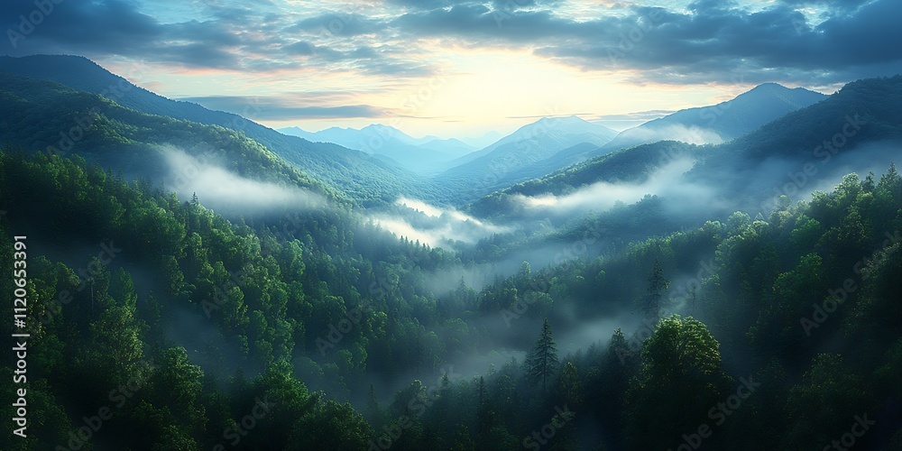 Enchanting Twilight Over Foggy Highlands with Verdant Forests and Majestic Mountain Peaks : Generative AI Enchanting Twilight Over Foggy Highlands with Verdant Forests and Majestic Mountain Peaks : Generative AI