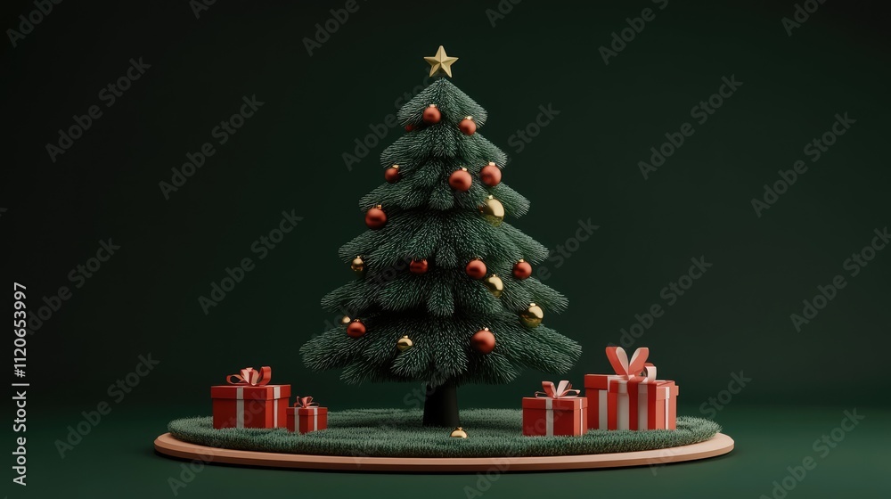 Fototapeta premium Christmas Tree and gifts flat design front view North Pole theme 3D 