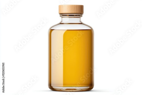 Beautiful Captured Image of a Clear Glass Bottle Filled with Golden Oil Against a White Background