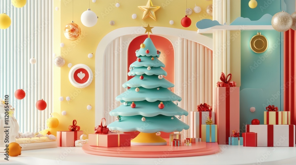 Fototapeta premium Christmas Tree and gifts flat design front view North Pole theme 3D