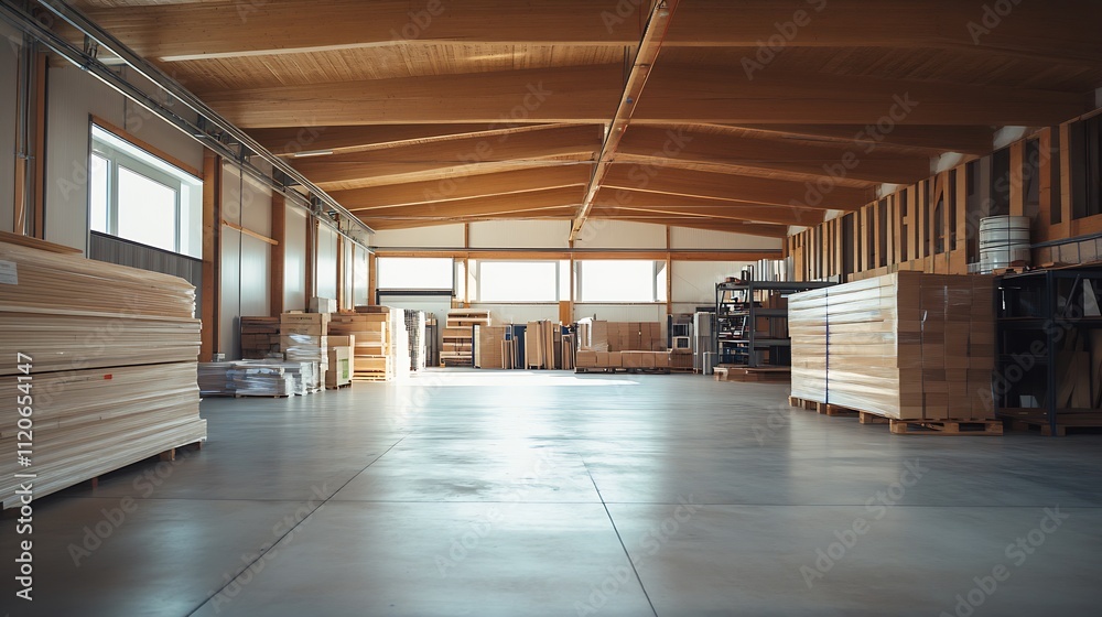 Expansive Modern Warehouse Interior with Stacked Timber and Metal Shelving Units : Generative AI Expansive Modern Warehouse Interior with Stacked Timber and Metal Shelving Units : Generative AI