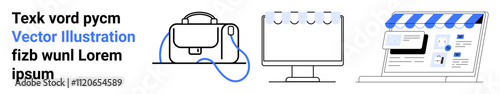 Desk organizer, computer monitor, and online storefront with blue accents. Ideal for technology, e-commerce, office setup, online shopping, business presentations, website design, and digital
