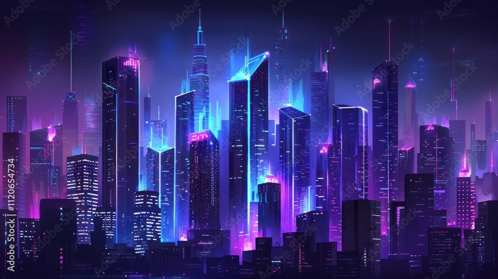 Fototapeta premium Neon Cityscape - A futuristic city glowing with blue and pink neon lights