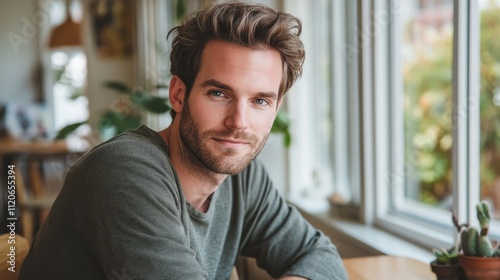 Handsome man sits at cafe table, smiling gently at camera.