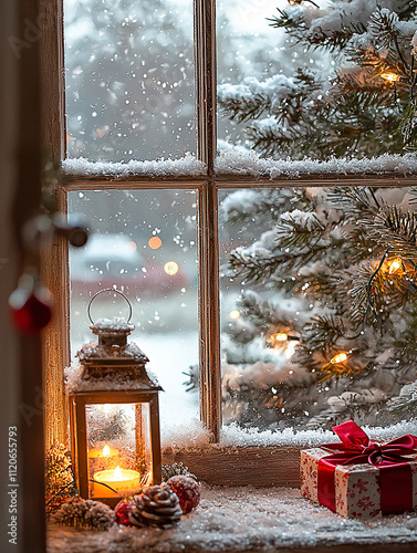 Snowy winter scene at a window. A lantern, Christmas tree, and gift are visible.