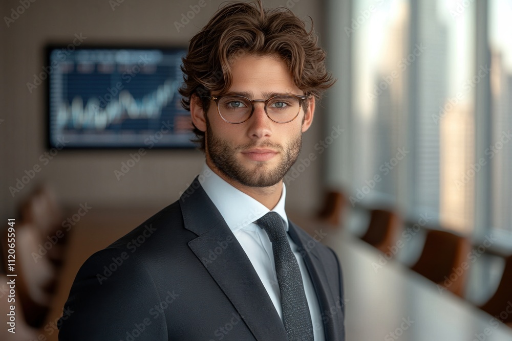 Fototapeta premium Dynamic young professional showcasing confidence in a modern corporate boardroom with financial data displayed
