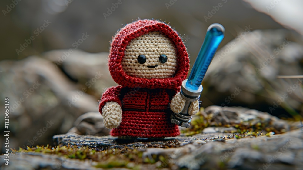 Obraz premium Adorable Crochet Amigurumi Jedi Knight Figurine in Red Robes with Lightsaber, Outdoor Setting