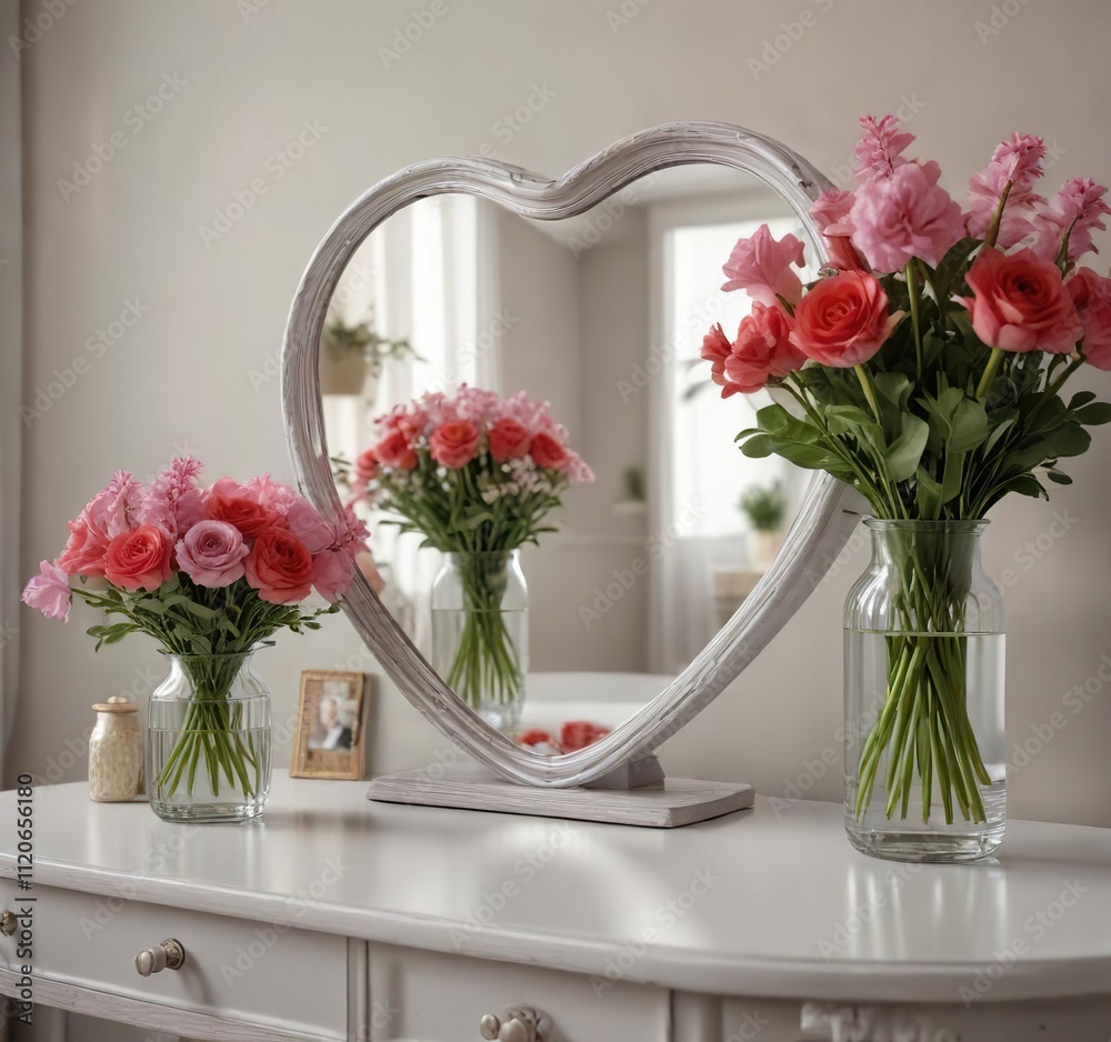Heart-shaped mirror on a dressing table with a beautiful floral arrangement , refined, lovely Heart-shaped mirror on a dressing table with a beautiful floral arrangement , refined, lovely