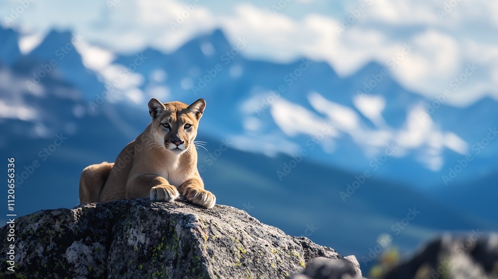 Obraz premium Majestic Mountain Lion Resting on Rock in Scenic Alpine Landscape : Generative AI